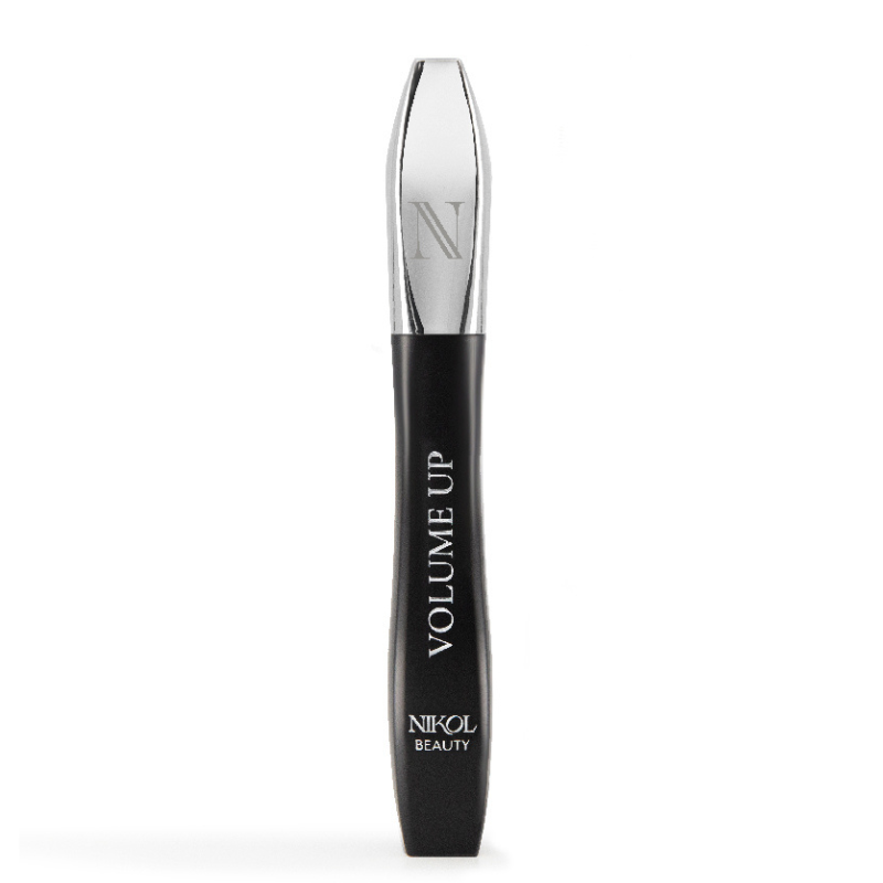 The sleek, black and silver tube of VOLUME UP Mascara by Shopgalaxys features an angled metallic cap with a striking N. Its jet-black formula promises youthful allure, while VOLUME UP is boldly displayed in white on the body.