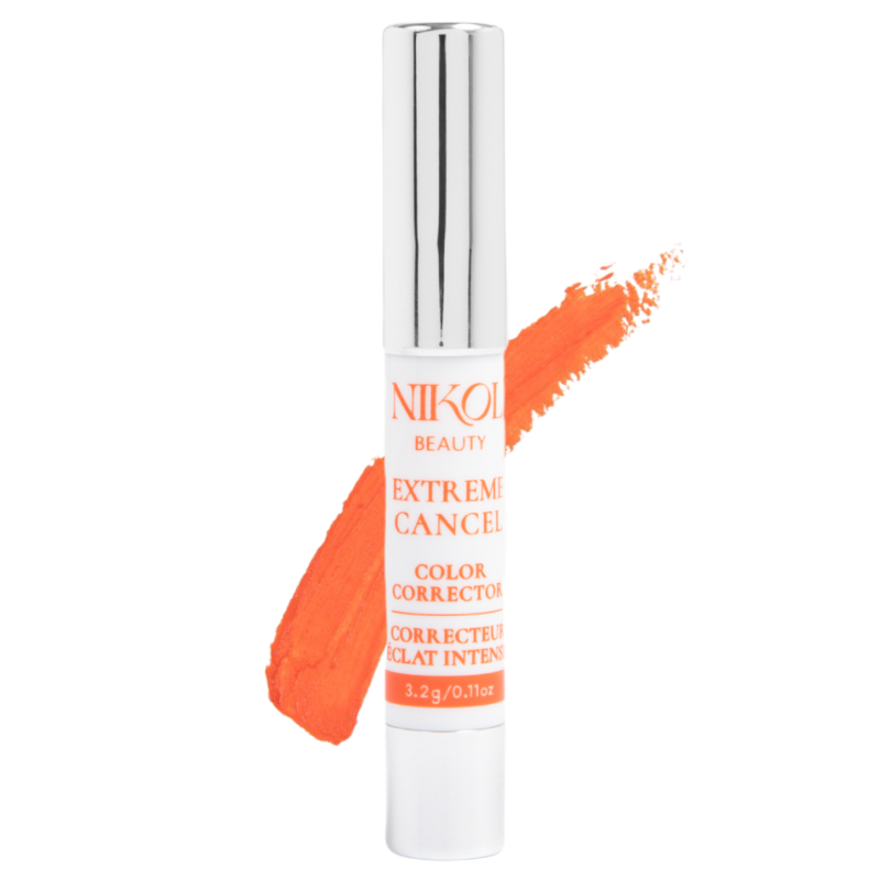 A white tube of Shopgalaxys Extreme Cancel Color Corrector, featuring a silver cap, is shown with orange text on an orange brush stroke background. Designed to neutralize dark circles under the eyes, it includes product details in English and French.