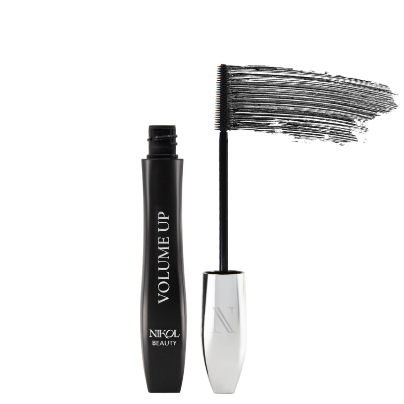 The VOLUME UP Mascara by Shopgalaxys features a unique elongated wand for bold color, housed in a sleek black container with VOLUME UP and a contrasting silver cap. Perfect for mature women seeking enhanced volume.