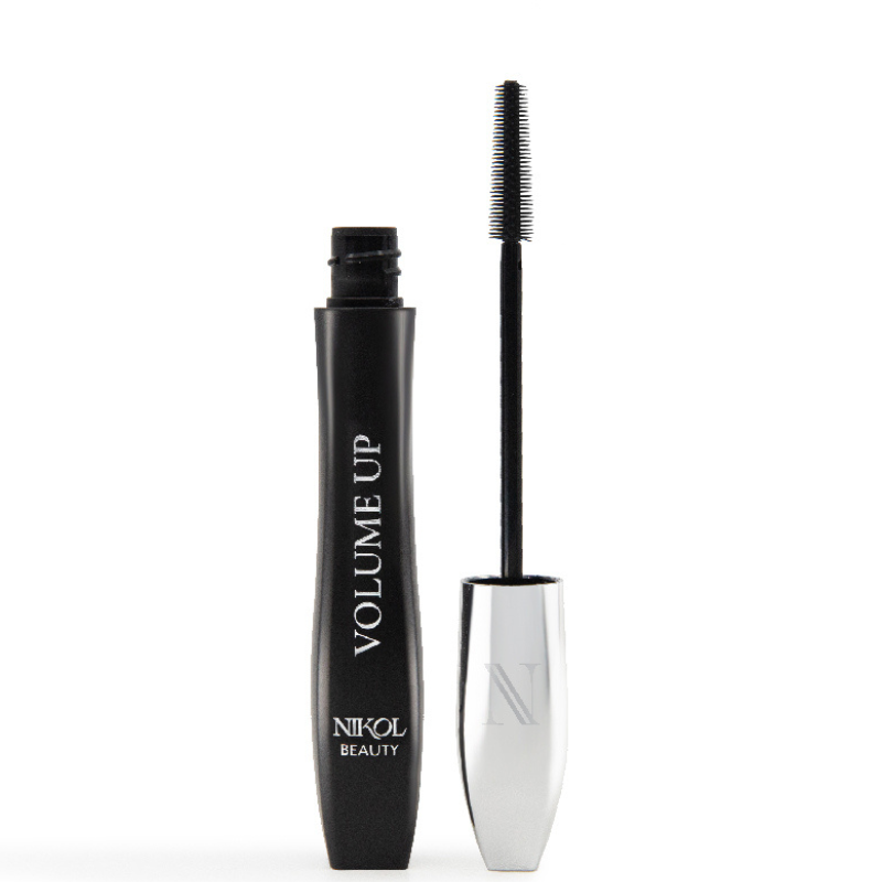 A black tube of VOLUME UP Mascara by Shopgalaxys is shown. With the silver cap removed, it reveals a unique wand with fine bristles, ideal for adding volume, perfect for mature women wanting vibrant lashes.